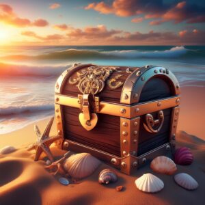 Firefly -A highly detailed, cinematic image of a treasure chest, made of old, weathered wood, with o